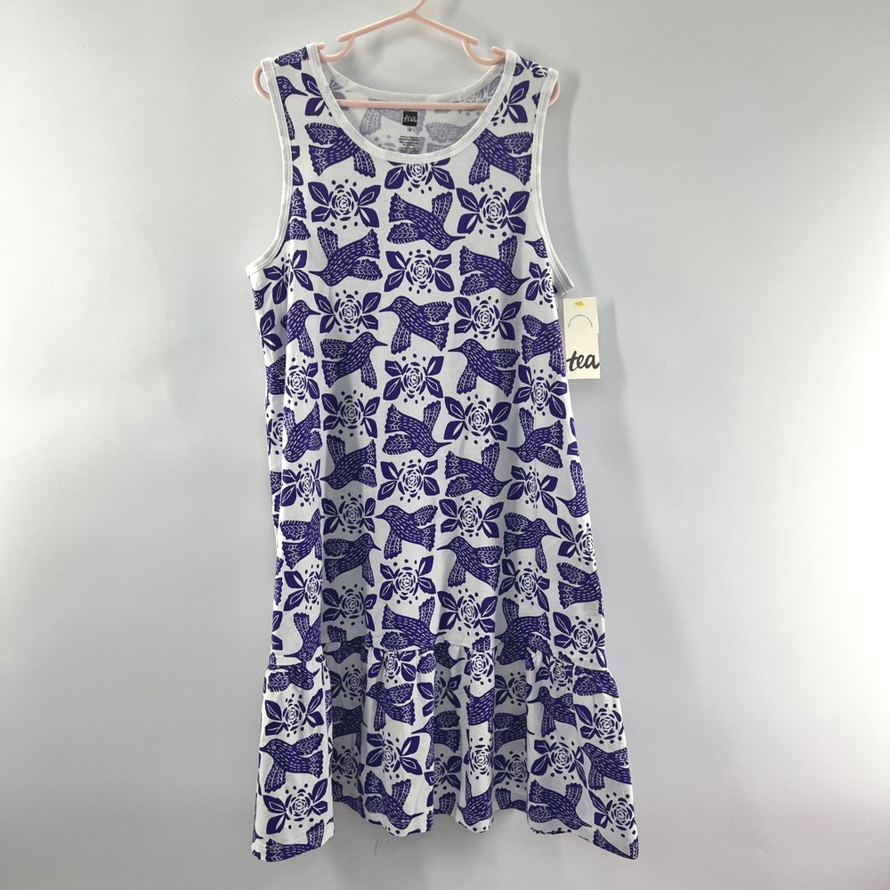 Tea Collection Dress Girls 12 Purple Bird Cotton Ruffle Hem Tank Floral Kids